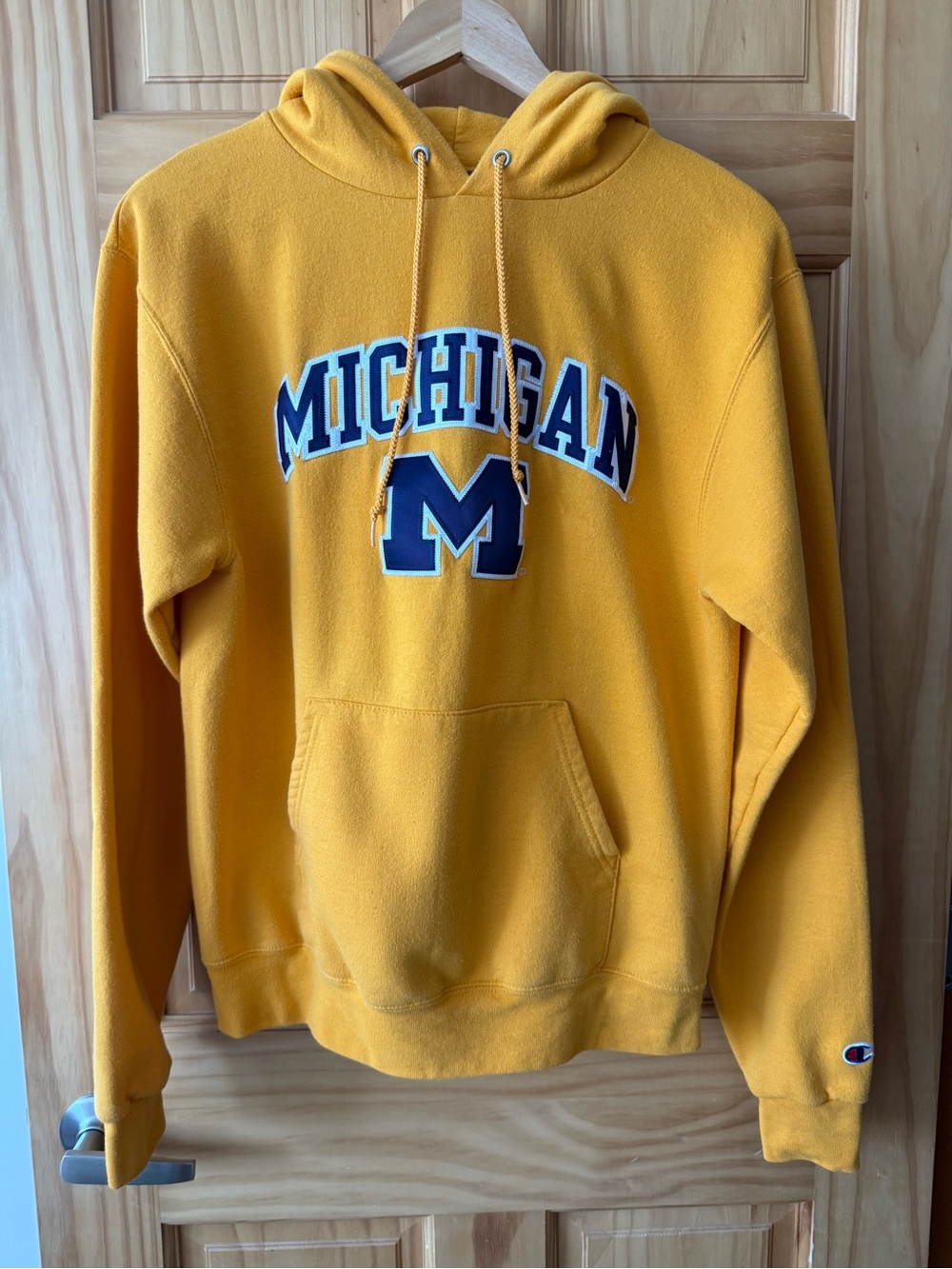 Champion Gold Michigan Crewneck Hoodie with Blue Logo